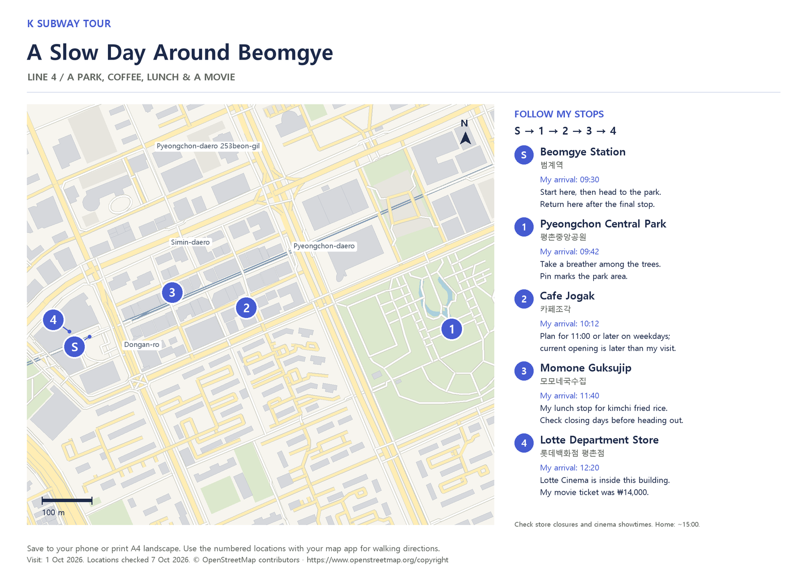 Geographic map of the Beomgye outing with numbered place locations on the left and matching English stop details on the right