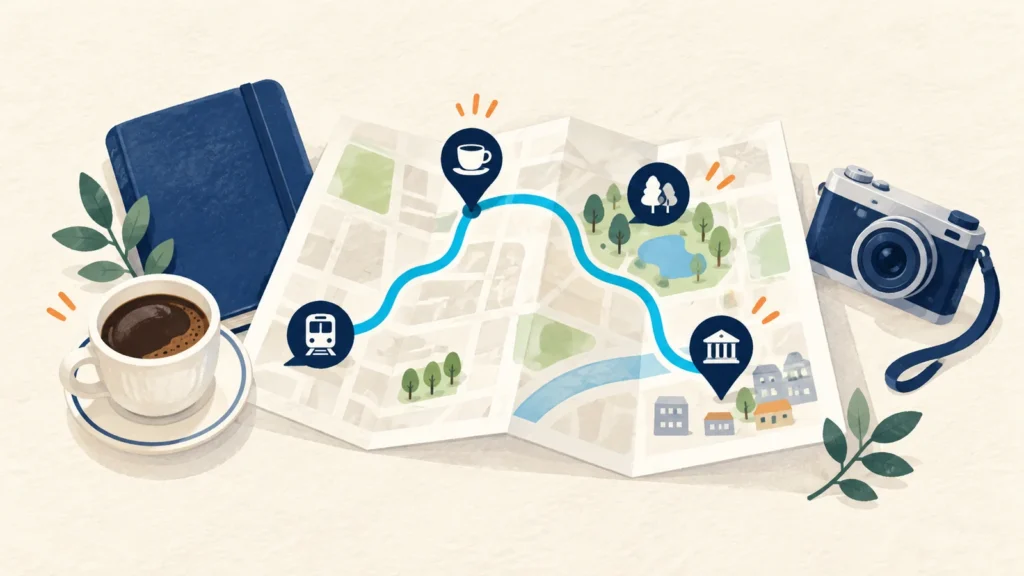Illustration of planning a short subway outing with a map, café, park and optional stop